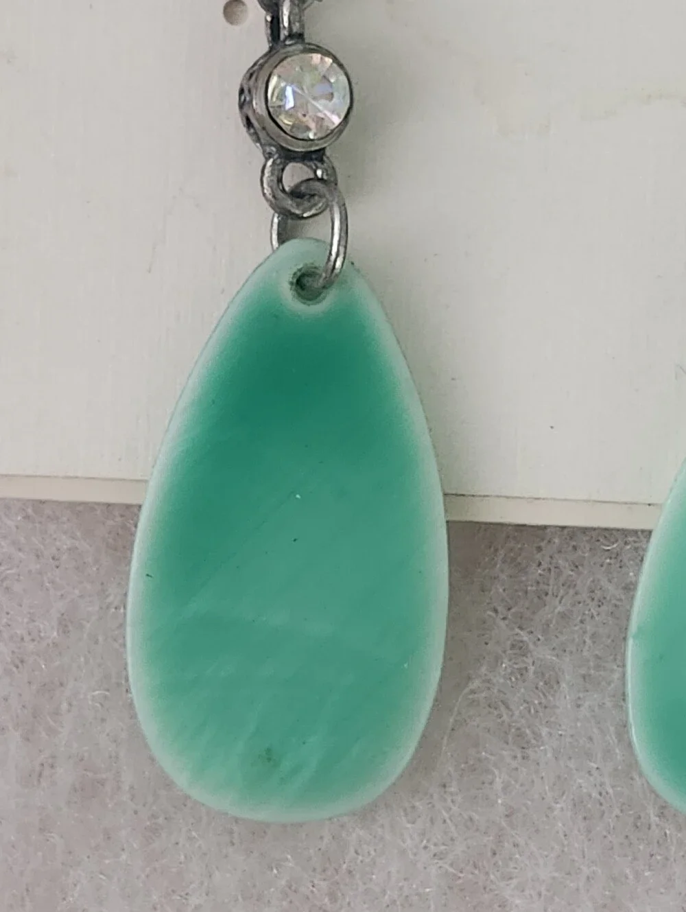 Miriam Haskell Green Teardrop Dangle Earrings with Clear Crystal